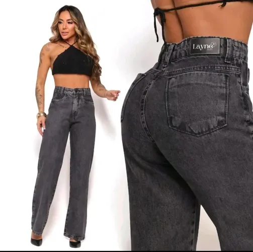 Calça Jeans Feminina Wide Leg Marmorizada Black 100% Cintura Alta
