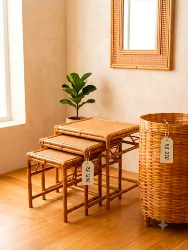 Conjunto 3 Marias Bambu revestido em palha