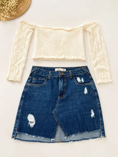 Conjunto Feminino Cropped Ombro a Ombro + Saia Jeans Destroyed | Seminovo