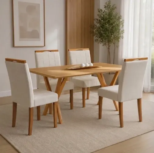 Conjunto Mesa de Jantar Ravena 120 com 4 Cadeiras Veludo Bege