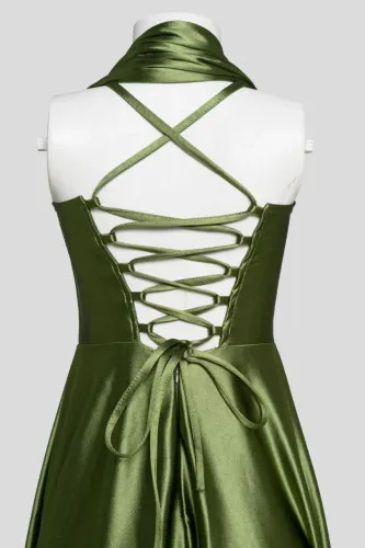 Vestido Longo de Festa Verde Oliva em Cetim | Modelo Corset