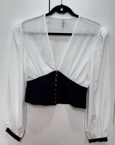 blusa cropped lança perfume corset bicolor