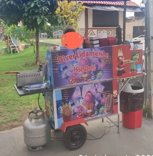 Carro de hot dog com uma fritadeira elétrica e uma chapa pequena.