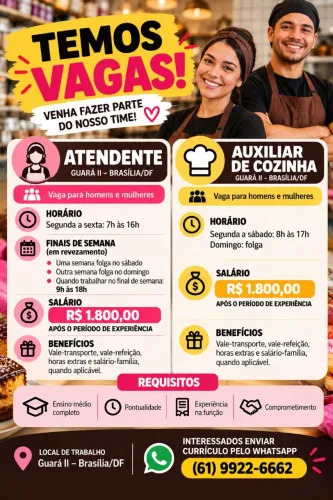 Vaga para Atendente e Auxiliar de Cozinha