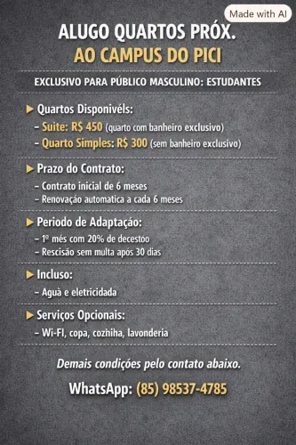 ALUGO QUARTOS PRÓX. AO CAMPUS DO PICI: exclusivo p/ público masculino/estudantes