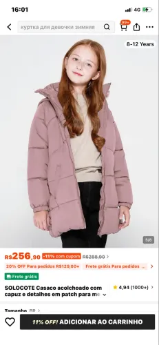 Casaco nylon infantil impermeável  puffer Peluciado com capuz 