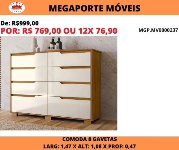 Cômoda Georgia 1,47 com 8 Gavetas