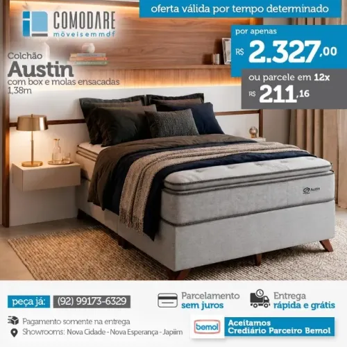 Colchão Austin Casal com Box Molas Ensacadas 1,38m | Novo