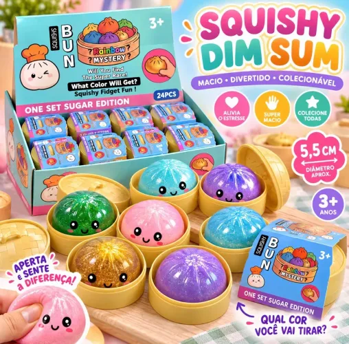 Squishy Bolinho Bun com Glitter 5,5cm Macio, Fofo e Surpresa Colorida!