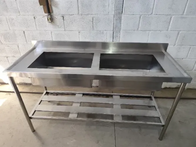 Pia industrial linha pesada em aço inox com 2 bojos - 280 x 60 x 90 cm