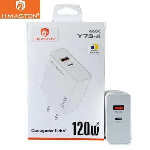 Carregador fonte Turbo 120W - Carregamento Rápido Bivolt com 2 Portas USB-C + USB-A H?Mast