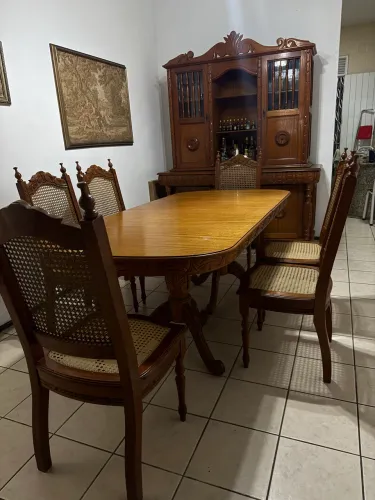 Mesa De Jantar Elástica Em Madeira Maciça + 6 Cadeiras Em Palhinha