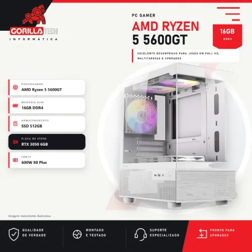 PC Gamer Ryzen 5 5600GT RTX 3050 6GB 16GB SSD NVMe 512GB