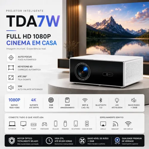 Projetor ThundeaL TDA7W Full HD 1080P 32G<br>Android WiFi 2K 4K Vídeo Home Theater Cinema