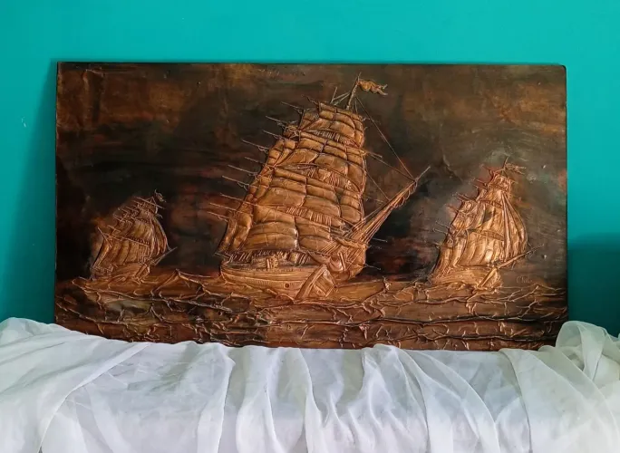 Imponente quadro /placa de parede chilena em folha de cobre - CARAVELAS 