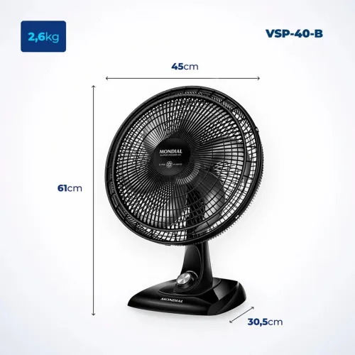 Ventilador de Mesa Mondial VSP-40-B 40cm, 6 Pás, 140W, Preto
