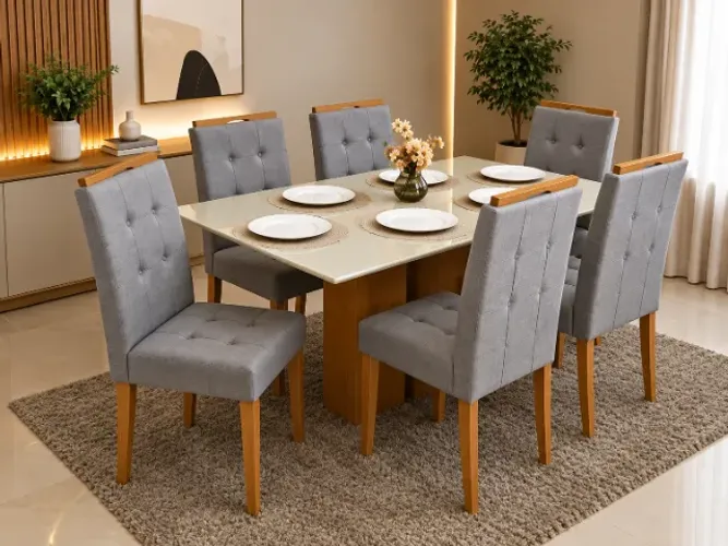 Mesa de Jantar Los Angeles com 6 Cadeiras Londres Linho Cinza