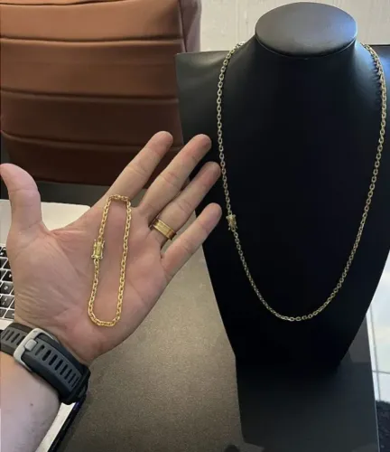 Corrente Cadeado 3mm 70cm + Pulseira 21cm - Banho Ouro 18k