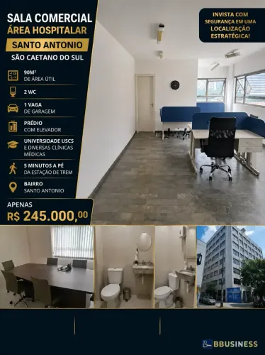 SALA COMERCIAL 90,91m²COM 1 VAGA, excelente localização, Santo Antônio, São Caetano do Sul