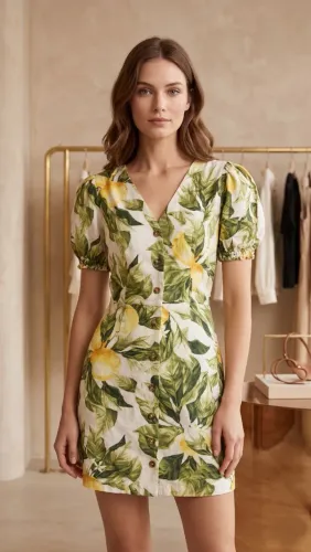 Vestido H&M Tamanho M - Estampa Limão Siciliano (Linho e Algodão)