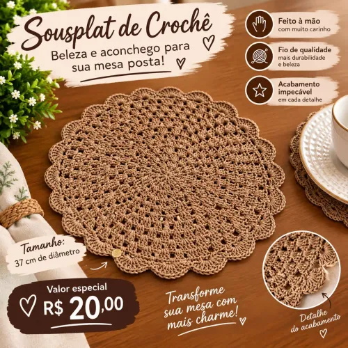 Soupla em crochê, 37cm de diâmetro na cor castanho