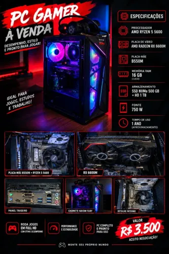PC Gamer Ryzen 5 5600 + RX 6600M | 16GB RAM | SSD NVMe 500GB + HD 1TB