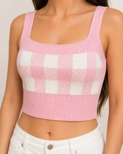 Cropped Tricot Xadrez Rosa Tamanho M | Novo, Nunca Usado