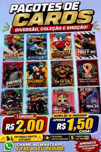 Pacotes de Cards / Figurinhas - Pokémon, Naruto, Free Fire, Roblox e mais!