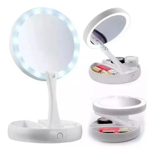 Espelho De Luz Led Dobravel Aumenta 10x Maquiagem Portátil