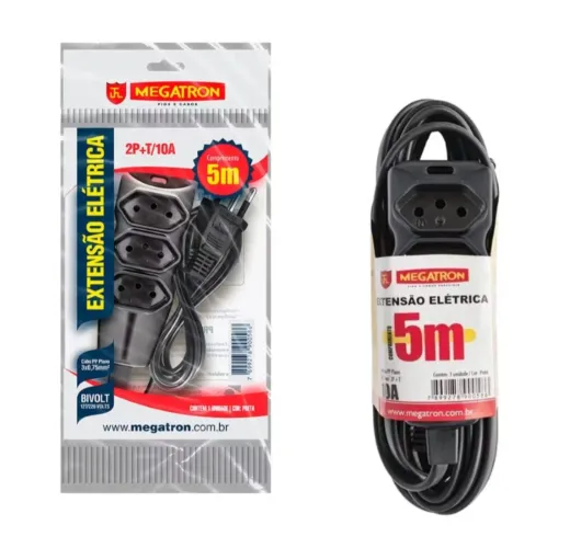 Extensão elétrica 3 tomadas 5m, preta Megatron