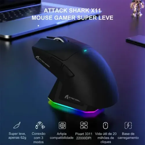 mouse atack shark x11 com dock de carregamento tenho preto e branco 