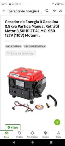 Gerador de Energia a gasolina 0,8 Kva 3.5 HP 2 Tempo