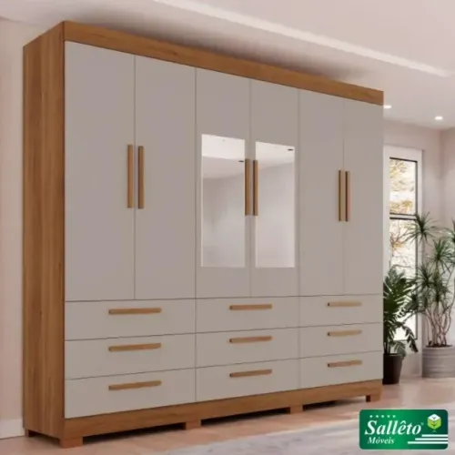 Guarda Roupa Dinamarca Cinamomo/Off C/Espelho 6Pts 9Gvs C/pés Sallêto - Entrega Rápida!