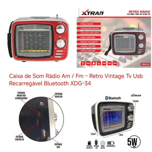 Rádio Am/Fm Bluetooth XDG-34 - Retro Vintage TV Usb Recarregável