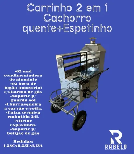 Carrinho em inox 2 x 1 Cachorro quente + espetinho em até 10x sem juros no cartão 