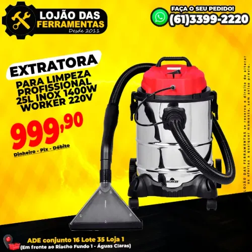Extratora Para Limpeza de Estofados Carpetes tapetes 25 litros em Inox 1400w Worker