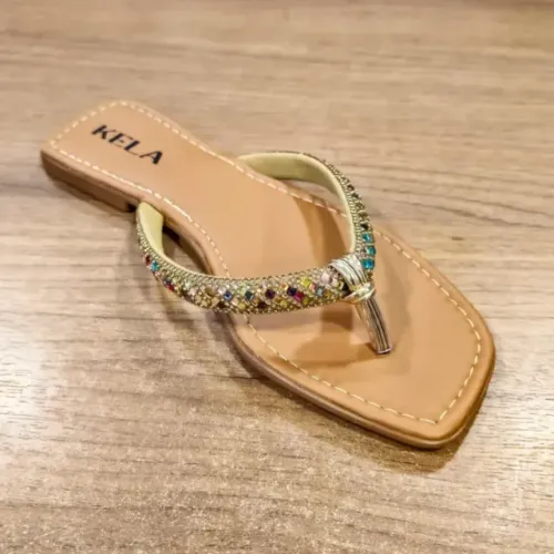 Sandália Rasteira Feminina Kela Prime Brilho Tropical Tiras Finas Luxo