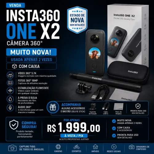 Insta360 ONE X2 360º muito nova, com caixa, acessórios e bastão