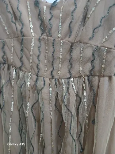 Vestido em Tule Transparente com bordado dourado em paetes