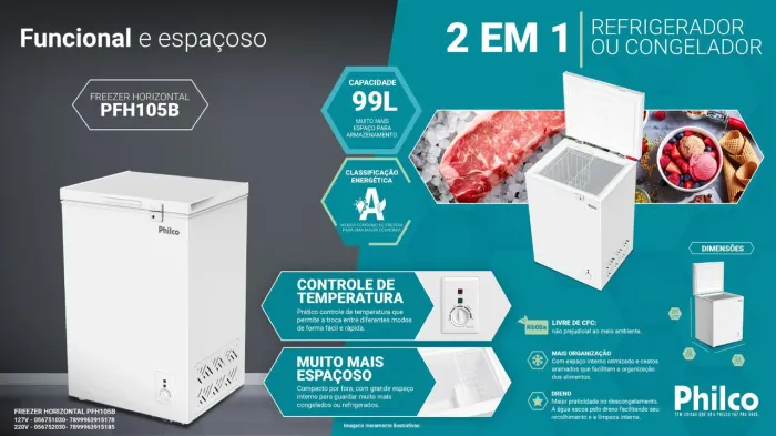 Freezer Philco horizontal 100 litros, 10 × 193,80 C. Crédito