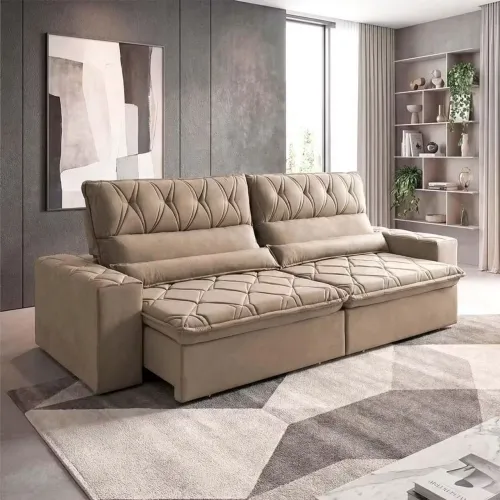Sofá retrátil reclinável França 3 metros suede bege king house