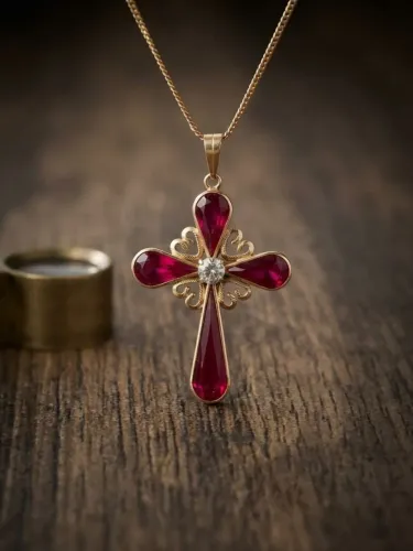 Pingente Crucifixo Antigo década de 50 ouro 18k com Rubi