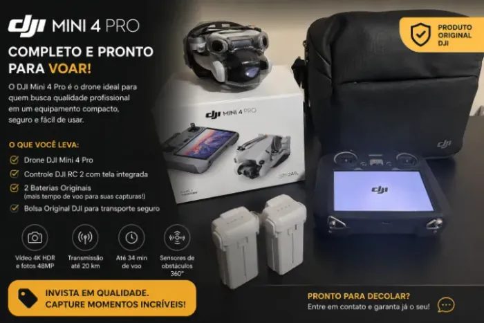 DJI Mini 4 Pro + Controle DJI RC 2 + Bolsa Original + 2 Baterias 4k