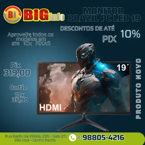 Monitor BrazilPC 19" LED Widescreen, 60Hz, VESA, HDMI/VGA, Preto - BPC-19WE02-B