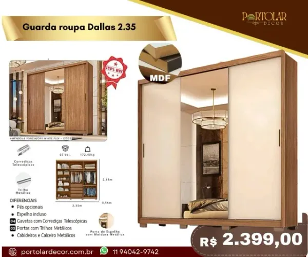 Guarda Roupa Dallas 2.35, a pronta entrega