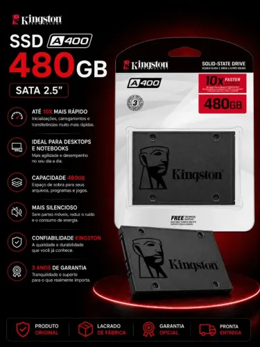 SSD Kingston 480GB A400 Leitura 500MB/s para PC Notebook