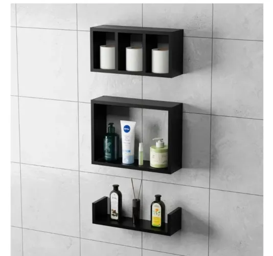 Kit 3 Peças Nicho Prateleira para Banheiro Preto 40 x<br>12cm