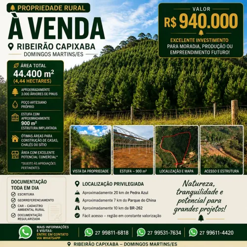 Propriedade Rural 44.400 m² em Domingos Martins - Próximo a Pedra Azul