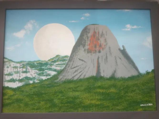 Pintura Quadro com moldura pedra azul ES. Acrílico sobre placa de eucatex