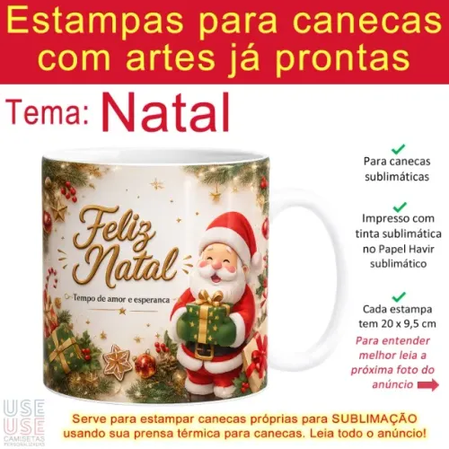 Folhas A4 de Papel Sublimático já impressas com 10 estampas para Canecas no tema de Natal